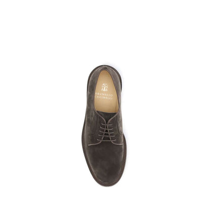 Brunello Cucinelli Brown Calf Leather Bos Taurus Oxfords And Derbies featuring suede design and leather block sole, top view.