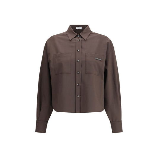 Brunello Cucinelli Brown Fleece Wool Shirt with classic collar and jewel-embellished patch pockets, showcasing elegance and modern style.