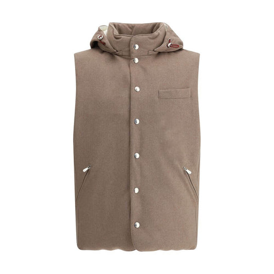 Brunello Cucinelli Brown Wool Clothing - Down Vest with high-neck and removable hood, featuring a snap-button front and zippered pockets.