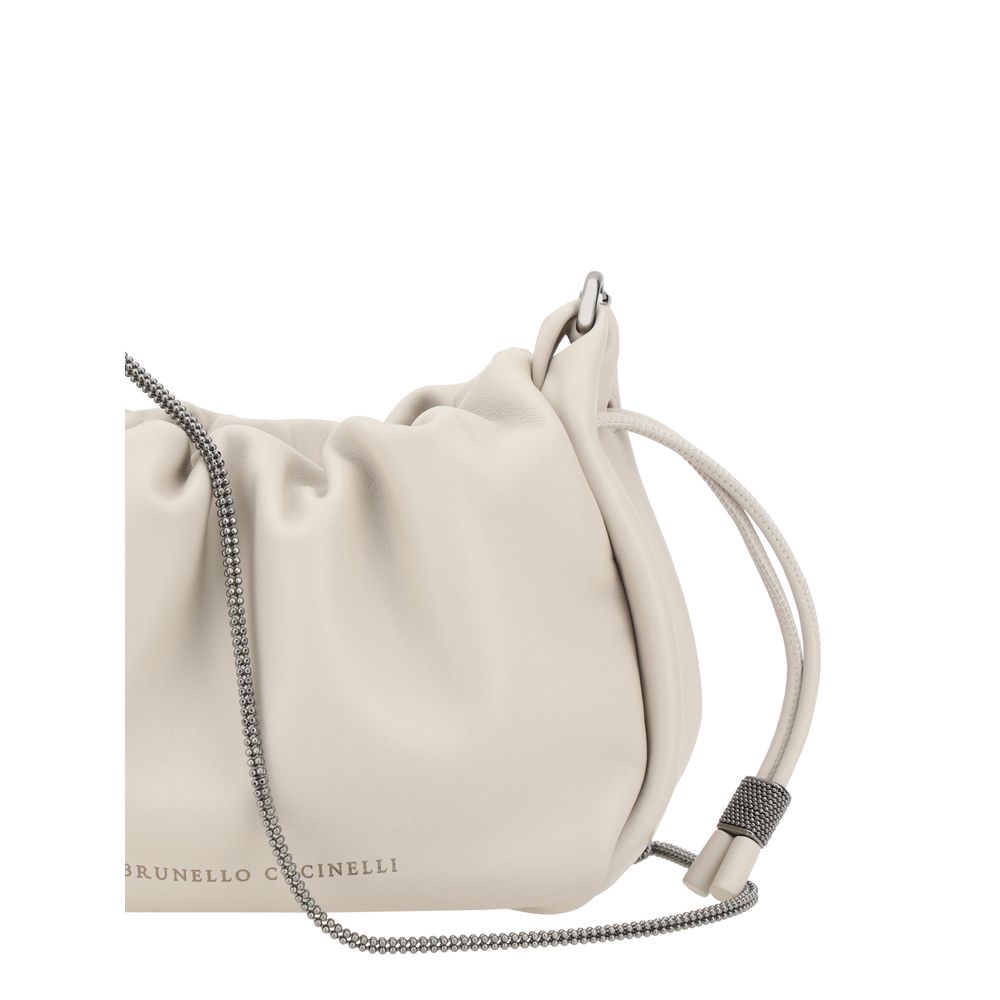 Brunello Cucinelli Bucket Mellow mini Shoulder Bag in brown leather with luxurious jewelry strap and drawstring closure.