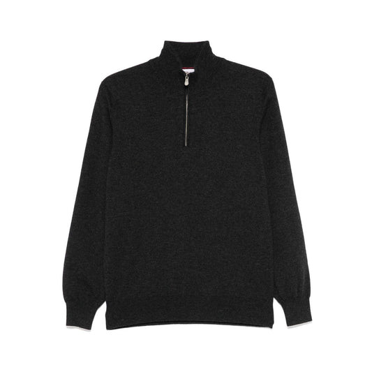 Brunello Cucinelli Cashmere sweater in grey with half front zip, long sleeves, ribbed cuffs and hem, and a curved high-neck design.