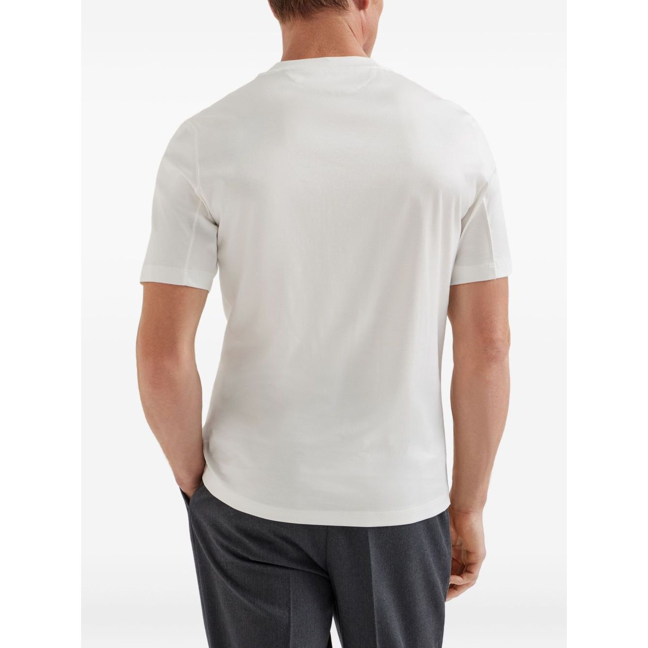 Back view of Brunello Cucinelli Cotton jersey crew neck T-shirt with logo, featuring a white fabric and short sleeves.