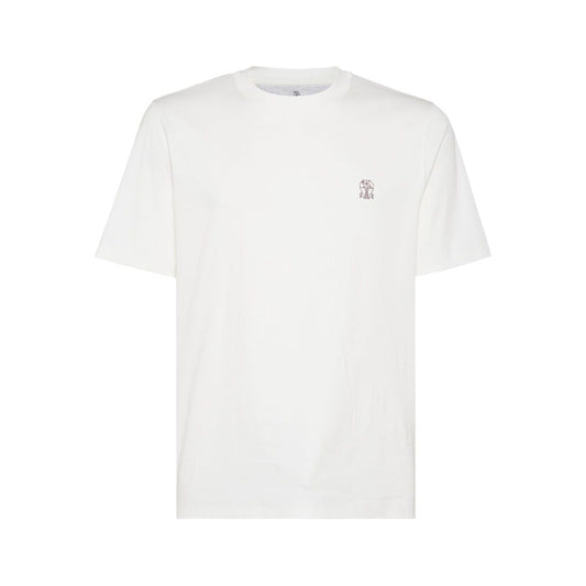 Brunello Cucinelli Cotton jersey crew neck T-shirt with logo, white short sleeve top with straight hem and logo print.