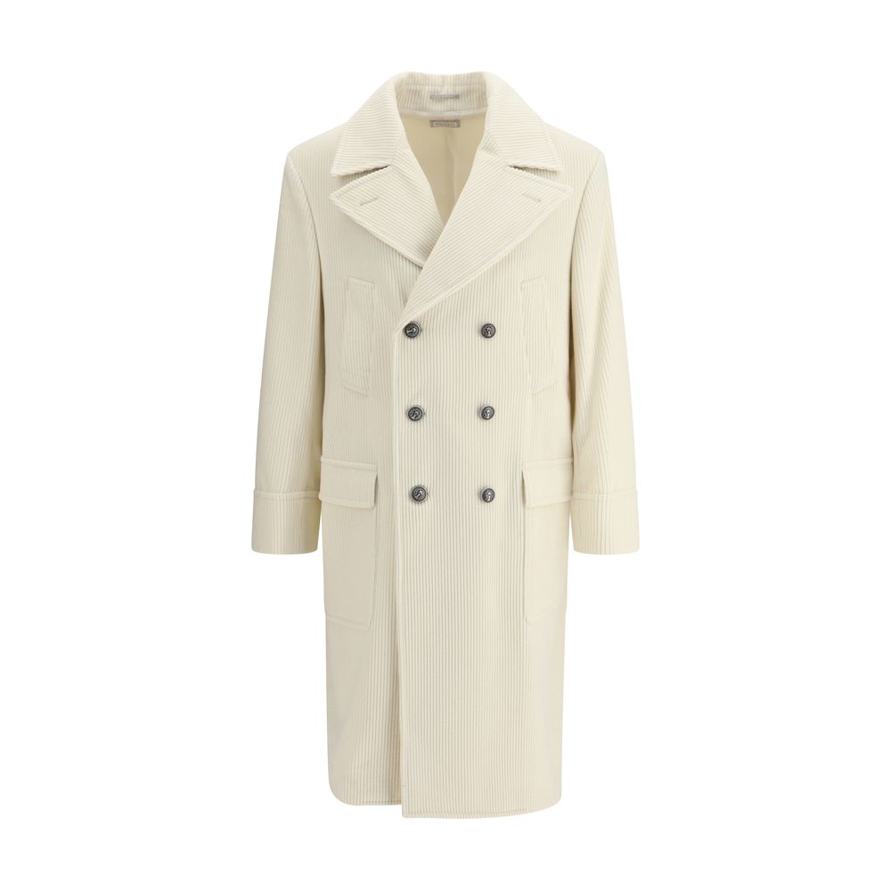 Brunello Cucinelli Cream Cashmere Coat with ribbed design, metal buttons, and classic lapel collar, showcasing elegance and sophistication.