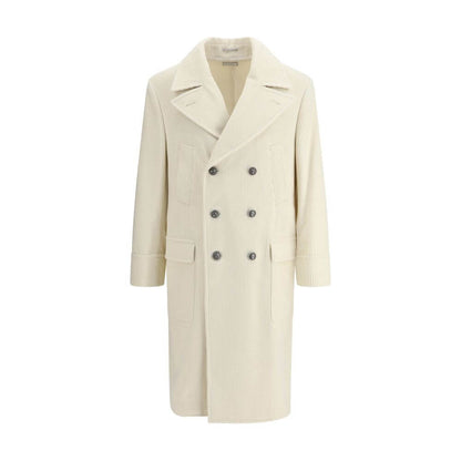 Brunello Cucinelli Cream Cashmere Coat with ribbed design, metal buttons, and classic lapel collar, showcasing elegance and sophistication.