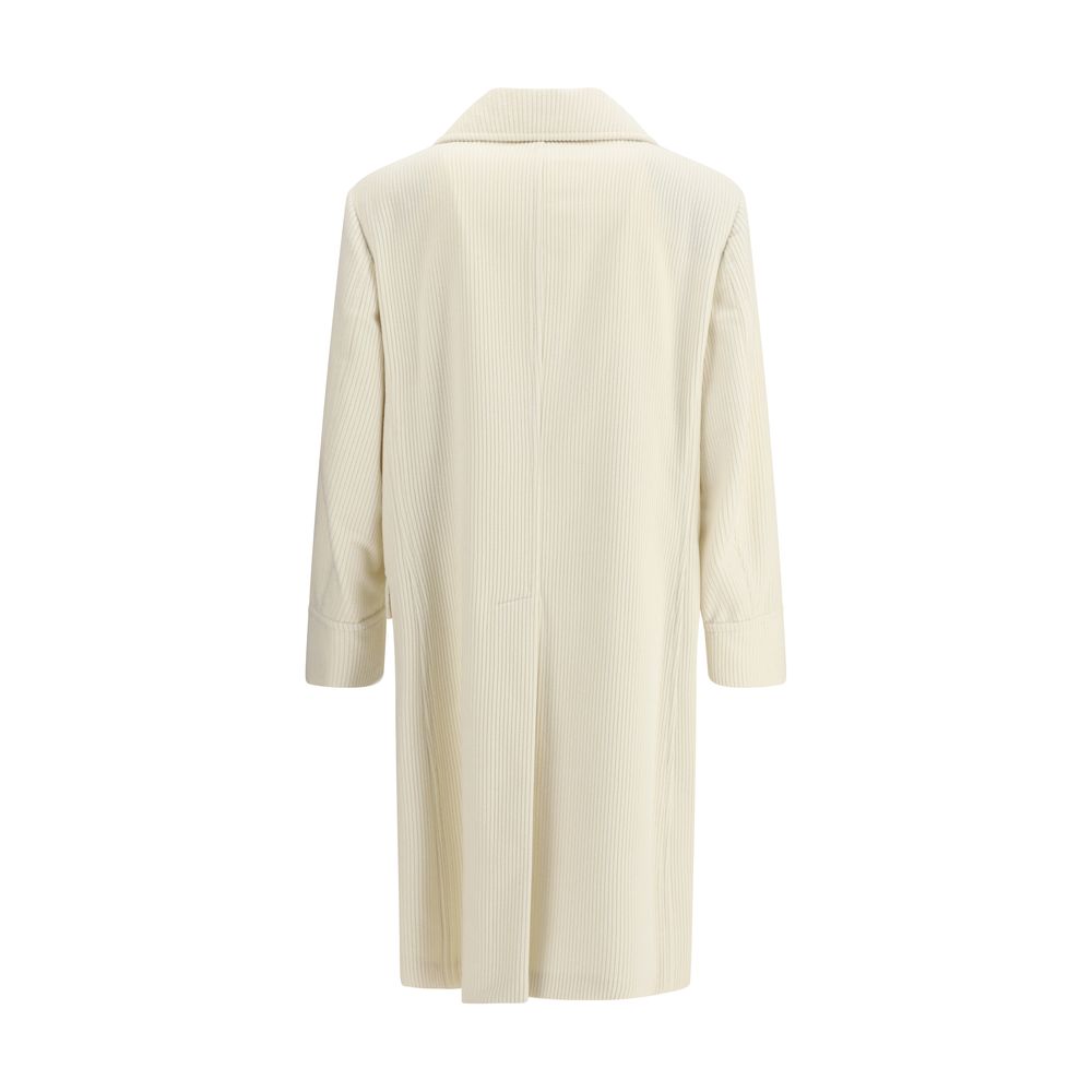 Brunello Cucinelli Cream Cashmere Coat showcasing back view with ribbed texture and elegant tailoring.