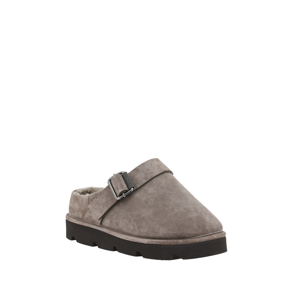 Brunello Cucinelli Gray Calf Leather Bos Taurus Clogs with buckle detail, fur-trimmed sabots, and knurled sole