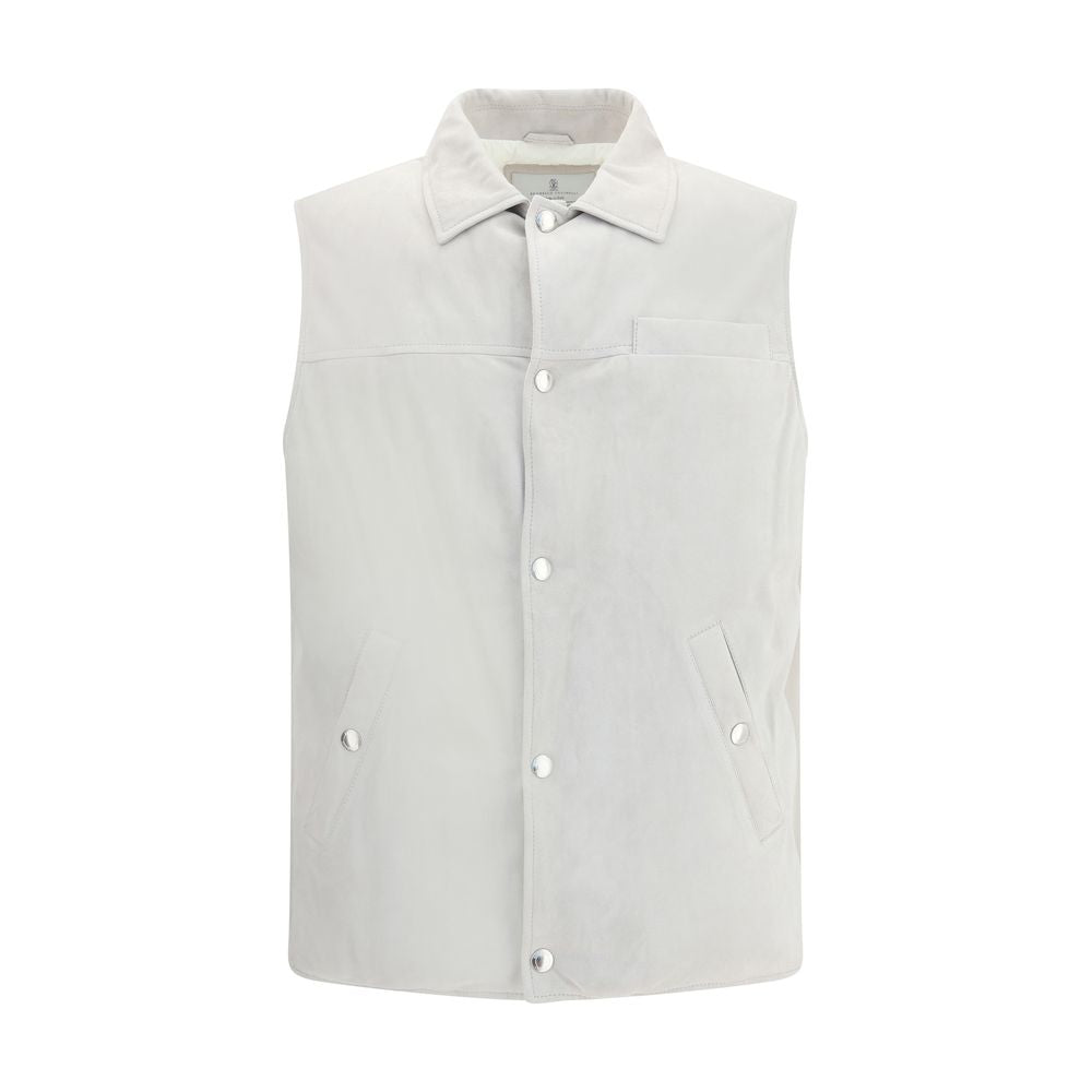 Brunello Cucinelli Gray Leather Jacket with snap-button closure, shirt collar, breast pocket, and welt pockets for style and function.