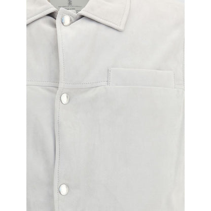Brunello Cucinelli Gray Leather Jacket with snap-button closure and shirt-style collar highlighting its sophisticated design.