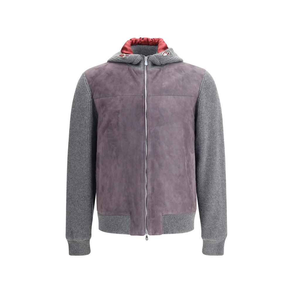 Brunello Cucinelli Gray Wool Jackets And Coat with suede yoke and ribbed cuffs, English Knit elegance, sporty sophistication.