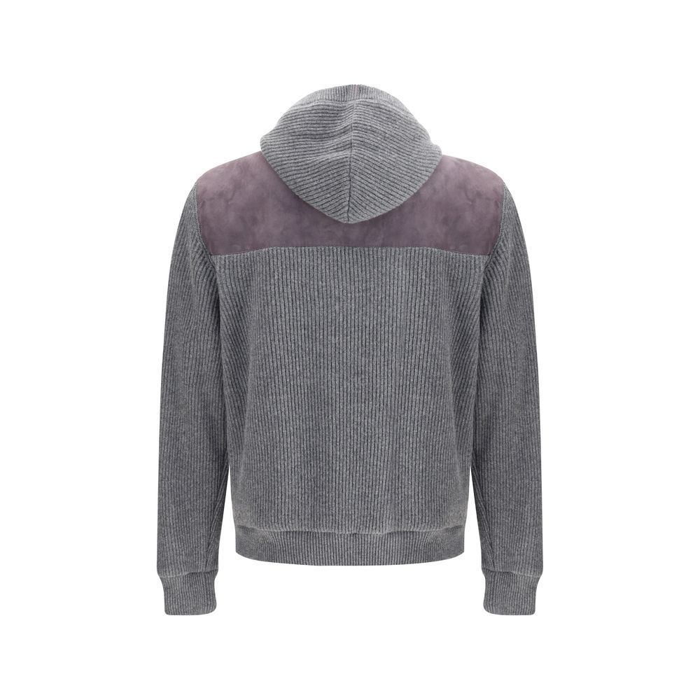 Rear view of Brunello Cucinelli Gray Wool Jackets And Coat showcasing suede yoke and knit design with hoody.