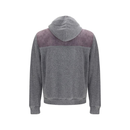 Rear view of Brunello Cucinelli Gray Wool Jackets And Coat showcasing suede yoke and knit design with hoody.