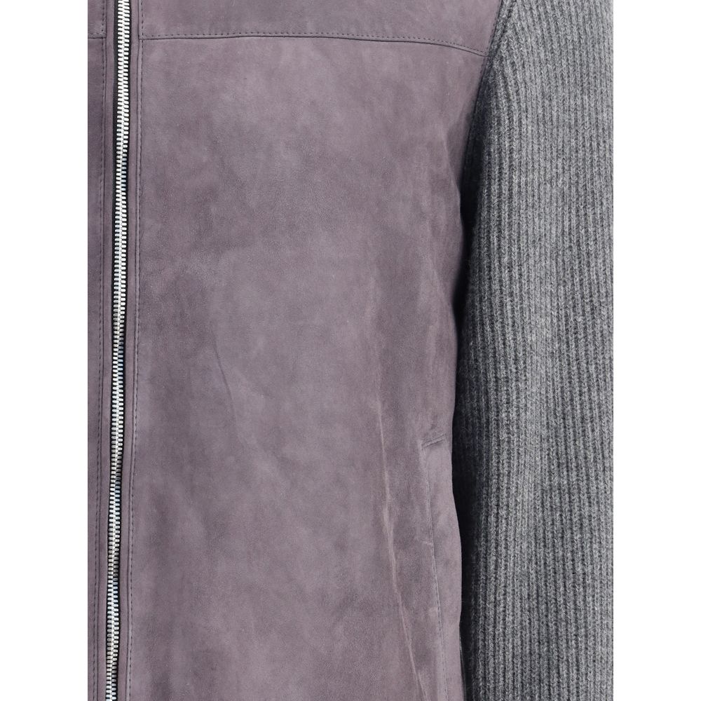 Brunello Cucinelli Gray Wool Jackets And Coat with suede and knit detailing, featuring a zipper closure and ribbed cuffs.
