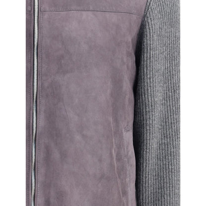 Brunello Cucinelli Gray Wool Jackets And Coat with suede and knit detailing, featuring a zipper closure and ribbed cuffs.
