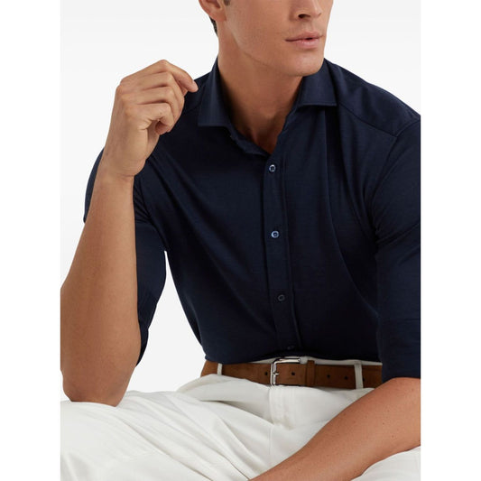 Elegant Brunello Cucinelli Shirts Blue in silk and cotton blend with long sleeves, buttoned cuffs, and front fastening, straight hem design.