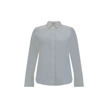 Brunello Cucinelli White Cotton Dress Shirt with classic collar and jewel embellishments, elegant design with adjustable cuffs.