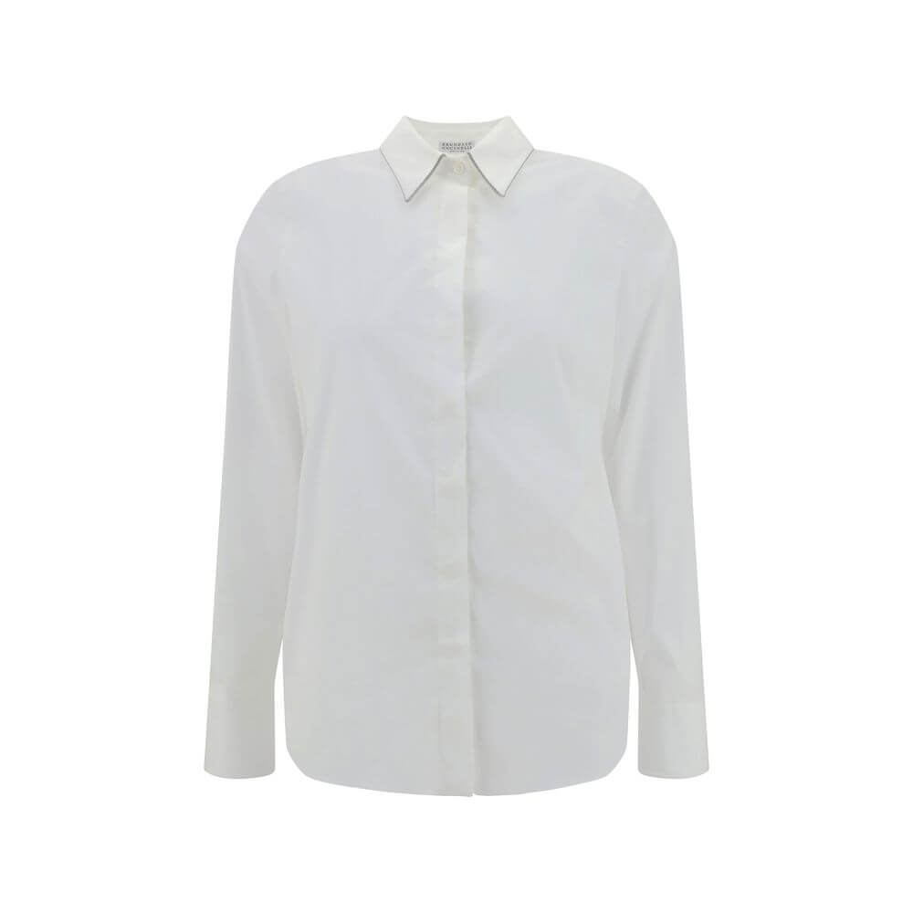 Brunello Cucinelli White Cotton Dress Shirt with classic collar and jewel embellishments, elegant and refined design.