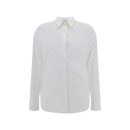 Brunello Cucinelli White Cotton Dress Shirt with classic collar and jewel embellishments, elegant and refined design.