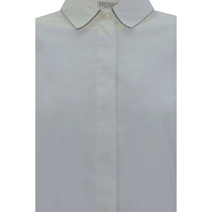 Brunello Cucinelli White Cotton Dress Shirt with classic collar and jewel embellishments, featuring adjustable button cuffs for a refined look