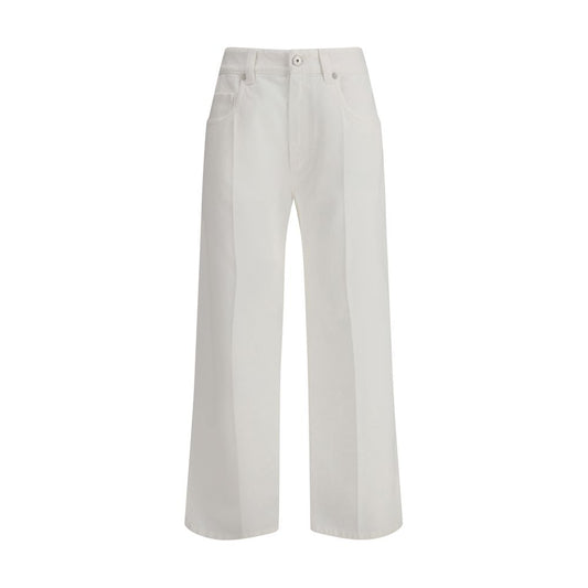 Brunello Cucinelli White Cotton Straight-Leg Jeans with five-pocket design and leather patch detail.