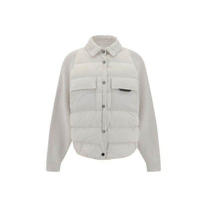 Brunello Cucinelli White Polyamide Coat with quilted panels and classic collar featuring flap patch pockets for a stylish, warm look.