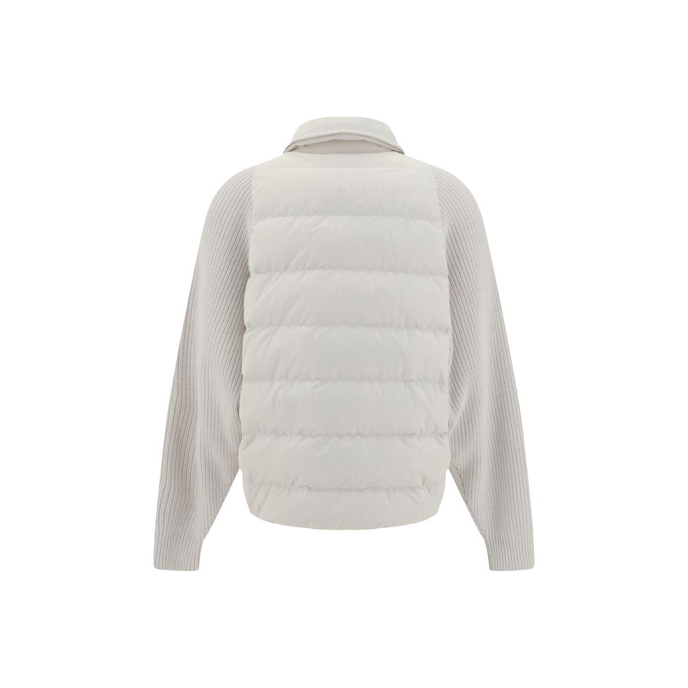 Back view of Brunello Cucinelli White Polyamide Coat with padded quilted panels and classic collar, showcasing elegant design and warmth.