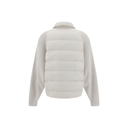 Back view of Brunello Cucinelli White Polyamide Coat with padded quilted panels and classic collar, showcasing elegant design and warmth.