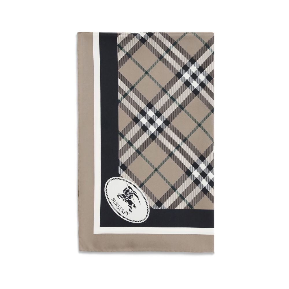 Burberry Beige Silk Scarf with Archive Check and Equestrian Knight logo, elegant British accessory, 100% fine silk, AW25 collection.