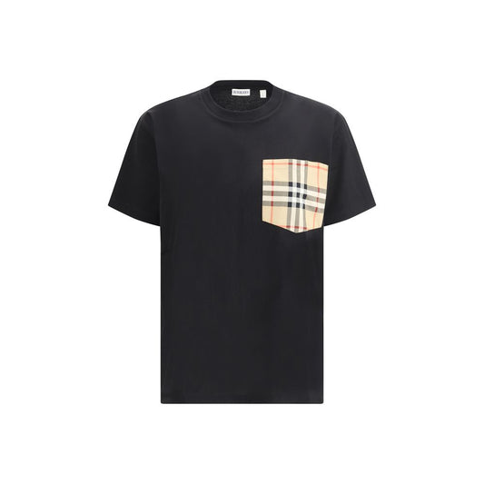 Burberry Black Cotton T-Shirt with Archive Check pocket and ribbed crew neck, featuring a monochrome pattern for a modern look.