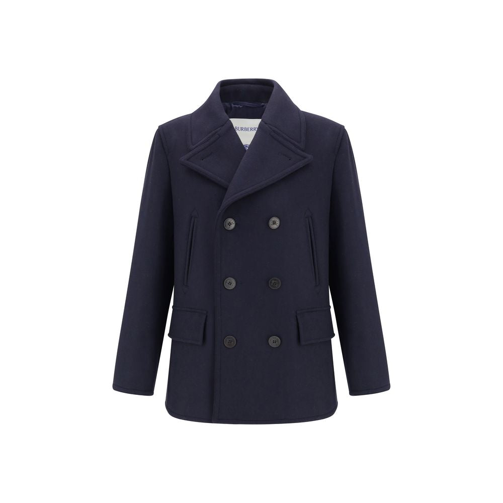 Burberry Blue Wool Coat, double-breasted with Burberry Check undercollar and Equestrian Knight buttons, featuring front jet and side flap pockets.