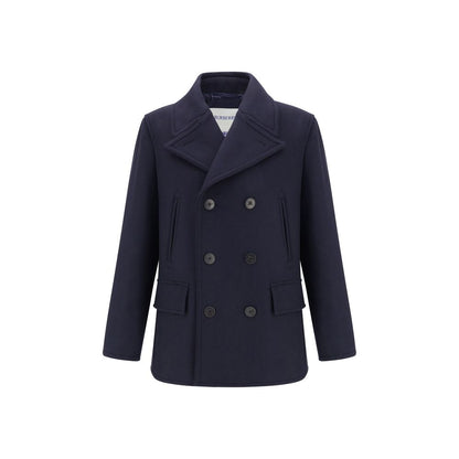 Burberry Blue Wool Coat, double-breasted with Burberry Check undercollar and Equestrian Knight buttons, featuring front jet and side flap pockets.