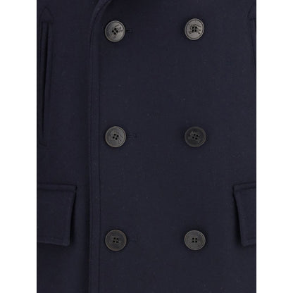 Close-up of Burberry Blue Wool Coat with double-breasted design and debossed buttons.