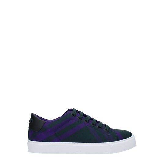 Burberry Green Fabric Sneakers with violet details, back logo, and lace-up closure. Features rubber sole, round toe, and low heel.