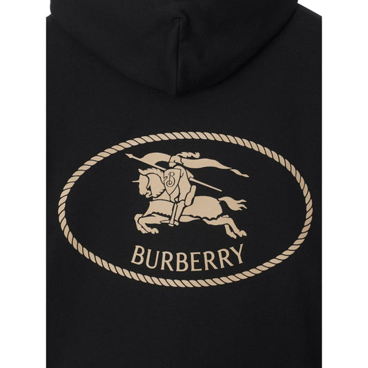 Burberry Knight Stamp Cotton Hoodie with EKD logo, black cotton, drawstring hood, long sleeves, front pouch pocket, Equestrian Knight motif.
