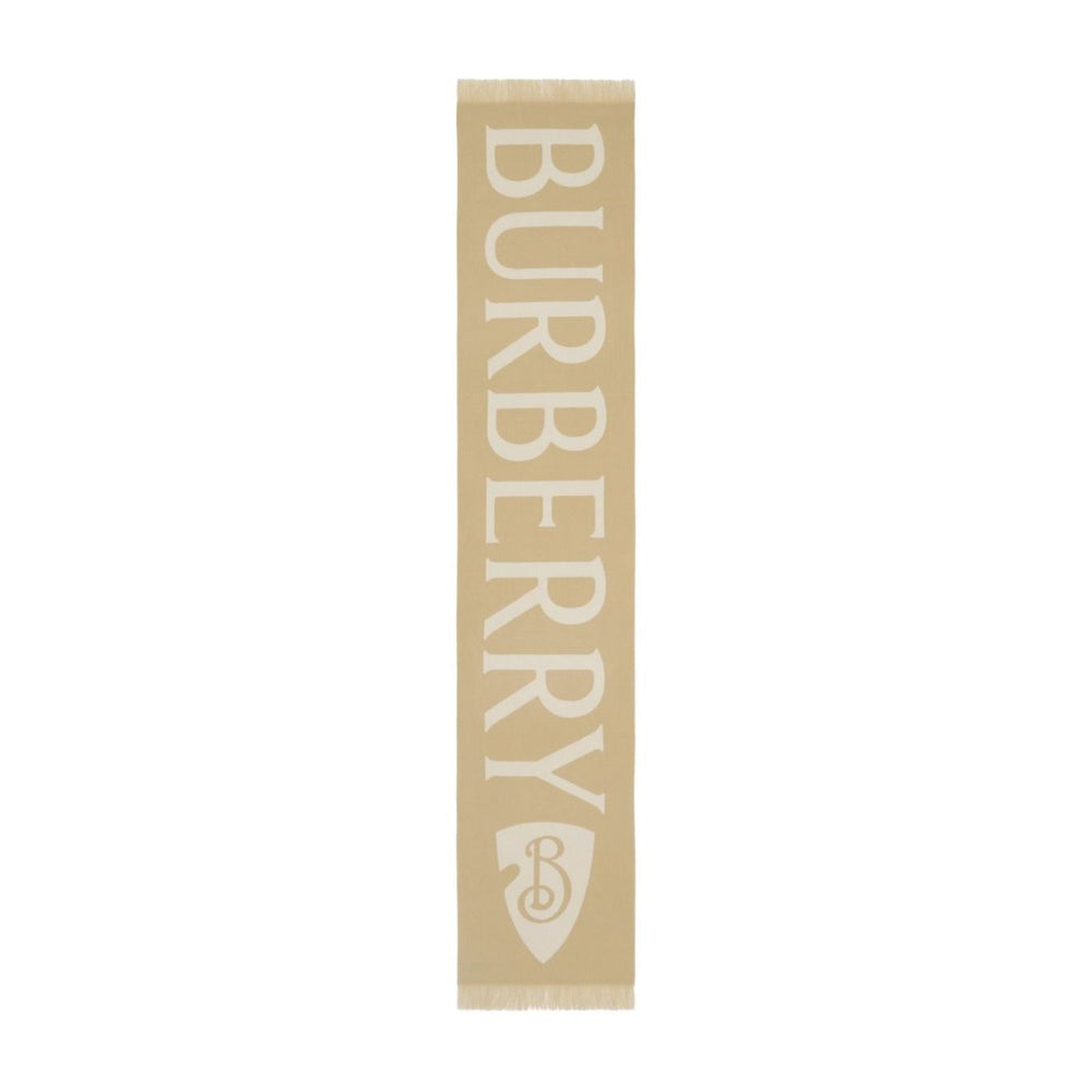 Burberry Logo wool scarf in archive beige with wraparound style and frayed edge, featuring a mini logo and rectangle shape.