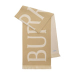 Alt Tag: Burberry Logo wool scarf in archive beige with frayed edge and mini logo tag, wraparound style, rectangle shape.