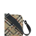 Alt Tag: Burberry Shoulder Bag with Check pattern, black strap, and logo patch, featuring zippered top closure. Made in Romania.