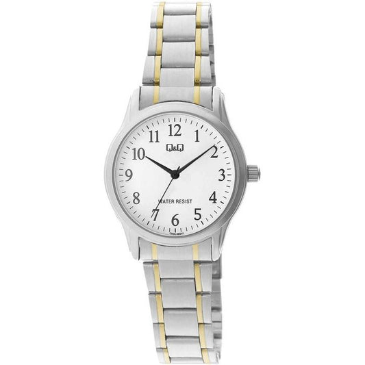 Q&Q Mod. GENT ONLY TIME ladies wristwatch with quartz movement, 3 ATM water resistance, metal case, and SS bracelet.