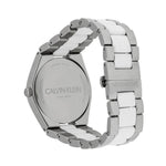 CALVIN KLEIN Mod. CONTRAST stainless steel wristwatch with quartz movement, featuring water resistance and Swiss-made design, back view.
