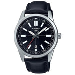 CASIO COLLECTION Mod. CASUAL DATE - LEATHER. BLACK wristwatch with stainless steel case and leather strap, on black background.
