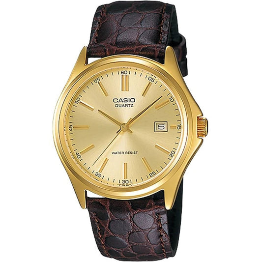 Alt Tag: CASIO COLLECTION Mod. DATE LEATHER - GOLD wristwatch with gold IP case, leather strap, and quartz movement, displaying 3 ATM water resistance.