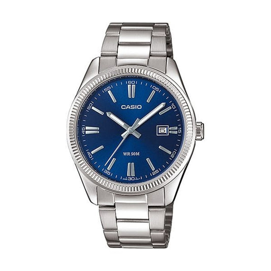 CASIO COLLECTION Mod. DATE - NAVY BLUE wristwatch with stainless steel strap, blue dial, and 5 ATM water resistance.