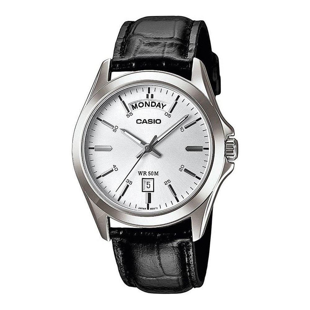 CASIO COLLECTION Mod. DAY DATE. LEATHER. WHITE. wristwatch with leather strap, stainless steel case, day and date function.
