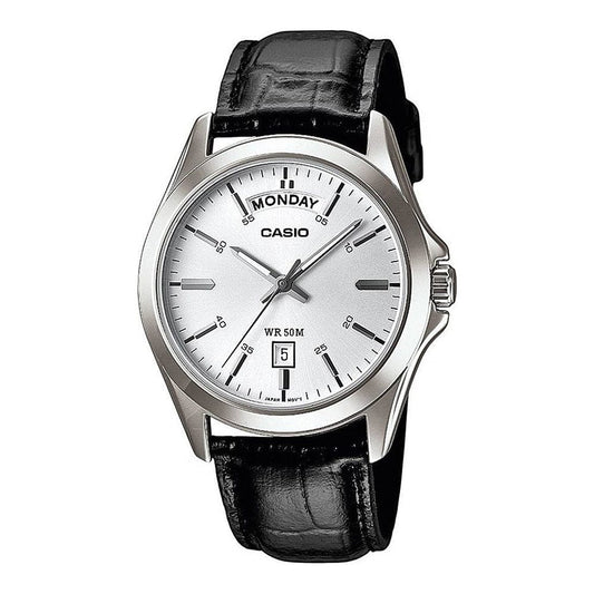 CASIO COLLECTION Mod. DAY DATE. LEATHER. WHITE. wristwatch with leather strap, stainless steel case, day and date function.