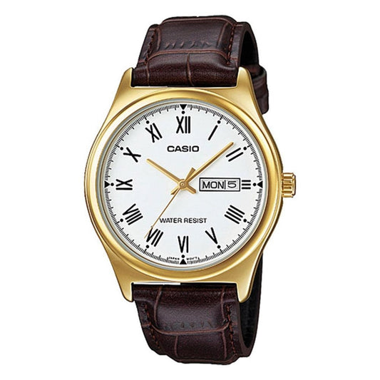 CASIO COLLECTION Mod. DAY DATE ROMANS. LEATHER - GOLD wristwatch with gold case, roman numerals, brown leather strap, and mineral dial.
