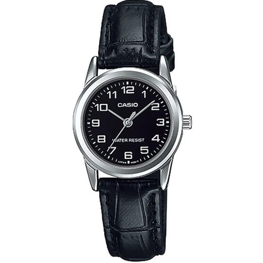 CASIO COLLECTION Mod. LADY 3H. LEATHER - BLACK wristwatch with stainless steel case, black leather strap, quartz movement, and mineral dial.