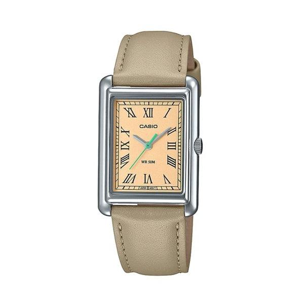 Alt Tag: CASIO COLLECTION Mod. LADY TANK. LEATHER - CREAM wristwatch with stainless steel case and cream leather strap, quartz movement.