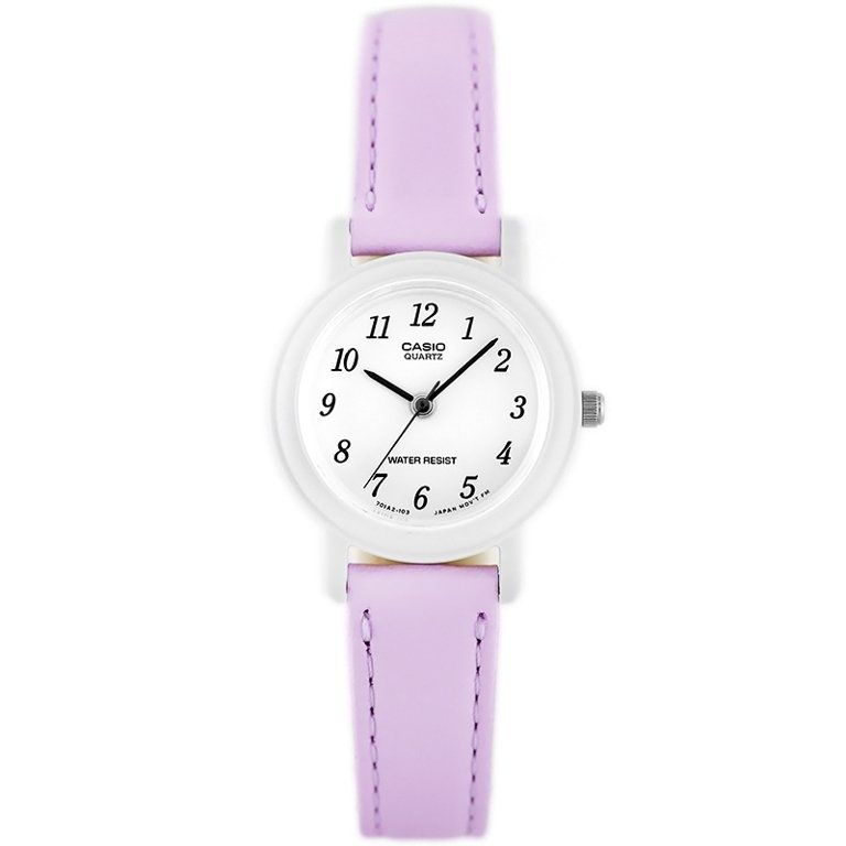 CASIO COLLECTION Mod. POP LADY. LEATHER - PASTEL VIOLET wristwatch with leather strap, resin case, quartz movement, and 3 ATM water resistance.