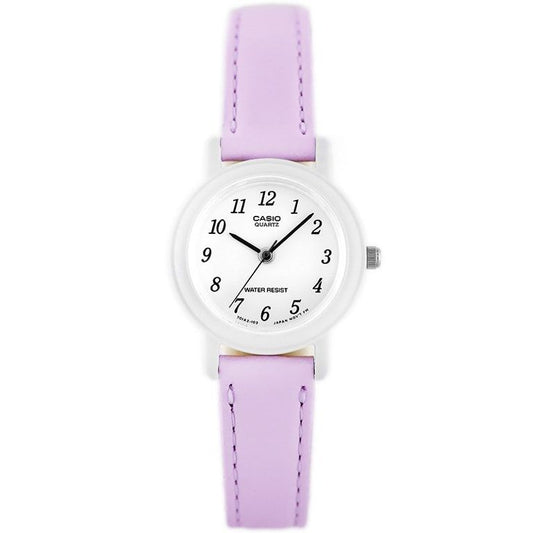 CASIO COLLECTION Mod. POP LADY. LEATHER - PASTEL VIOLET wristwatch with leather strap, resin case, quartz movement, and 3 ATM water resistance.