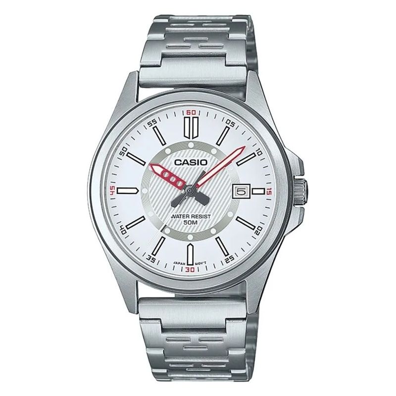 CASIO COLLECTION Mod. SPORT DATE - WHITE wristwatch with stainless steel bracelet and 5 ATM water resistance.